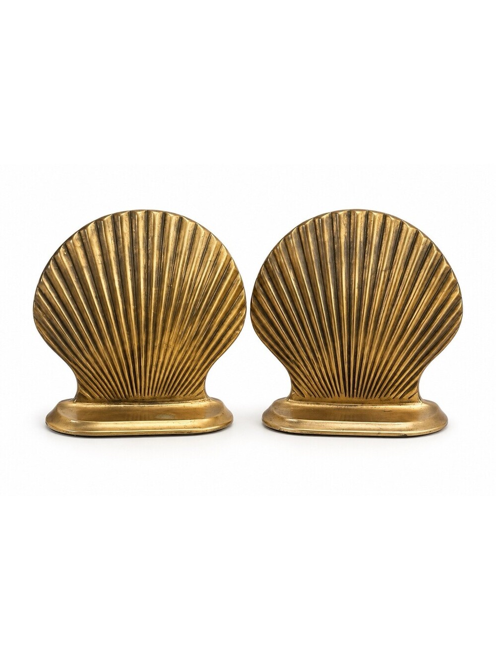 Vintage Brass Mid Century Shell Beach Bookends Pair Scallop Solid